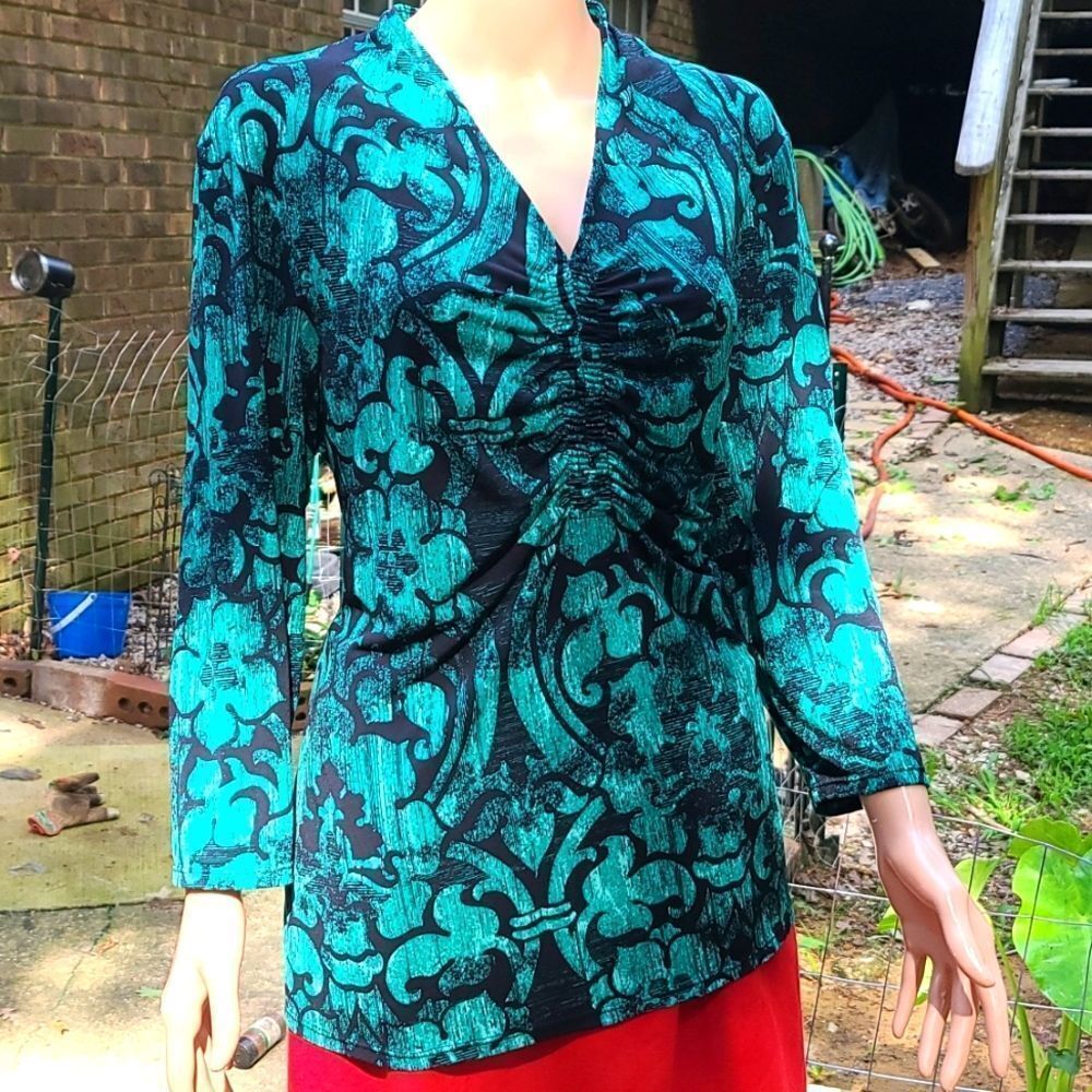 Alfani Emerald Green & Black Floral Ruched V-Neckline Long Sleeve Blouse